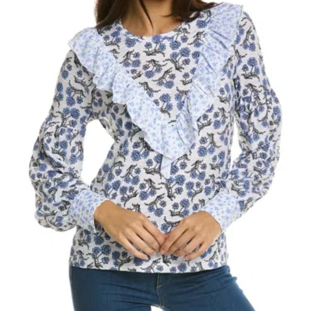 Goldie Ruffle Floral Jersey Blouse in Blue